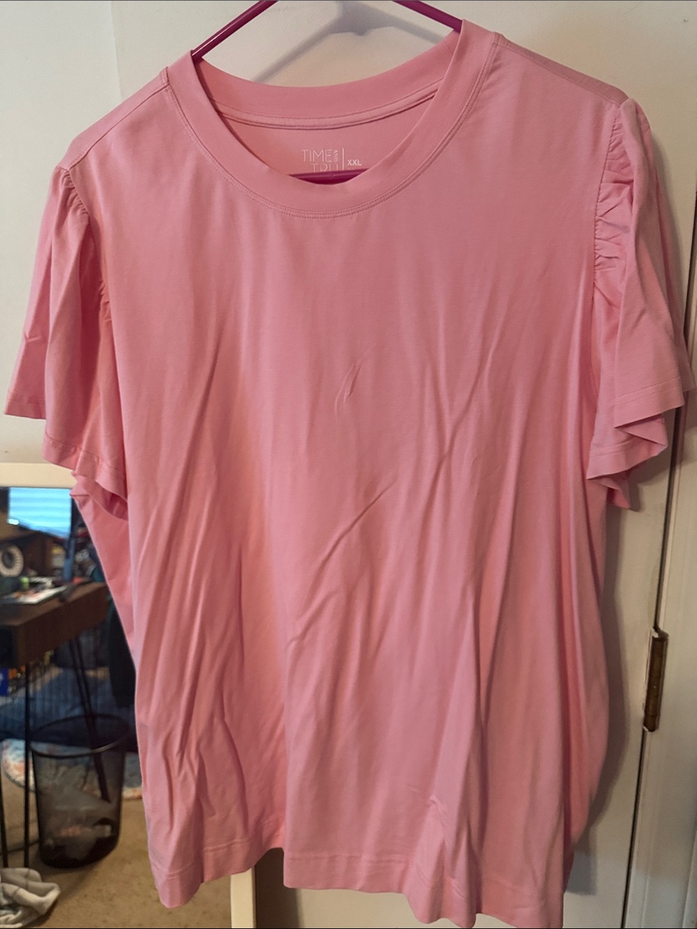 Time and Tru Pink Short Sleeve Crewneck Tee with Ruffle Sleeves